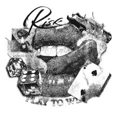 a black and white drawing of a woman's face with dice, playing cards, and casino chips