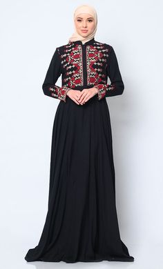 Discover the perfect fusion of elegance and practicality with our Women's Abaya, meticulously crafted to elevate your wardrobe. Featuring modern cross stitch embroidery on the bodice, this abaya exudes sophistication and timeless charm. The addition of two discreet pockets ensures functionality without compromising on style, providing ample space to keep essentials close at hand. Designed for effortless sophistication, a hidden button placket maintains a clean, streamlined front, while waist gathers create a graceful drape that enhances the figure beautifully. A refined stand collar completes the look with understated elegance, framing the face with finesse. Crafted from premium fabric, this abaya promises luxurious comfort and versatility, making it an essential piece for both formal occa Fitted Abaya With Dabka Work For Eid, Festive Elegant Abaya With Floral Embroidery, Black Long Sleeve Abaya With Floral Embroidery, Formal Abaya With Dabka Work For Eid, Fitted Maxi Length Abaya With Dabka, Formal Eid Abaya With Dabka Work, Fitted Long Sleeve Abaya With Dabka Work, Fitted Long Sleeve Abaya With Floral Embroidery, Black Thobe With Floral Embroidery And Long Sleeves