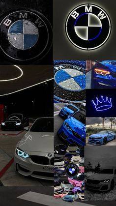 the bmw logo is shown in multiple different pictures, including one with blue and white lights