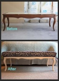 before and after photos of a bench that has been upholstered with leopard print