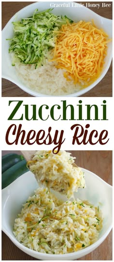 zucchini and cheese rice in a white bowl on a wooden table with text overlay