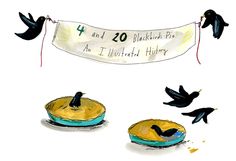 two pies with black birds flying around them and a banner hanging from the ceiling