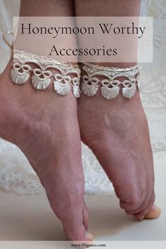 Guipure lace tasseled anklets on barefoot Honeymoon Inspiration, Nude Sandals