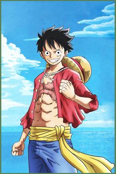 an anime character with no shirt and blue pants, standing in front of the ocean