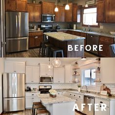 before and after pictures of a kitchen remodel with white cabinets, stainless steel appliances