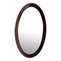 an oval mirror is shown against a white background and has brown trim on the edge