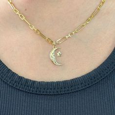 "This precious necklace is composed of 14K solid gold.  This design is available to be purchased as a charm alone and can be combined with any of our popular chains or enhancers. ♦ Crescent Moon Dimensions: approximately 11mm (W) x 17mm (L, not including the bail) ♦ Weight: approximately 1.5 grams of 14K solid gold ♦ Metal Finish: High Shine Polish ♦ This design is available in Rose, White and Yellow 14K Gold ♦ Our inventory is limited on Etsy. You can find more quantities and unique designs by Celestial Gold Charm Necklace With Moon Charm, Celestial Yellow Gold Jewelry With Star Charm, Gold Necklace With Moon Charm And Star Shape, Gold Moon Charm Necklace In Celestial Style, Celestial Yellow Gold Charm Necklaces With Star Charm, Gold Crescent Jewelry With Charms, Celestial Yellow Gold Charm Necklaces With Moon Phase, Gold Moon-shaped Celestial Charm Necklace, Celestial Yellow Gold Charm Necklace With Star Charm