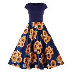 Sunflower Print Round Neck A Line Dress - Deep Blue - 3X83774613 - Dresses, Original Design-Women's Clothing, Retro Style Dresses  #RetroStyleDresses #Dresses # #Original #DesignWomen's #Clothing # #Retro #Style #Dresses Retro Fruit Print Dresses For Spring, Yellow Floral Print Knee-length Dress, Blue Dresses With Floral Patchwork And Short Sleeves, Blue Floral Patchwork Short Sleeve Dress, Blue Short Sleeve Dress With Floral Patchwork, Casual Sunflower Print Spring Dress, Fitted Blue Daisy Print Dress, Summer Sunflower Print Short Sleeve Dresses, Casual Yellow Sunflower Print Dress