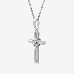 Celebrate your faith with our Women�s Diamond Accent Cross Pendant Necklace in sterling silver. This beautifully crafted piece features a stunning cross pendant adorned with a sparkling natural diamond, showcasing a rounded carat weight of less than 1/10 ct. t.w. The pendant measures 24.4mm in length and 11.9mm in width, suspended from an 18-inch rope chain with a secure spring ring clasp. Packaged in a lovely gift box, this necklace makes a meaningful gift for special occasions or a heartfelt a White Gold Cross Charms For Anniversary, Spiritual Sterling Silver Cross Necklace For Anniversary, Sterling Silver Cross Jewelry For Anniversary, Sterling Silver Cross Pendant Necklace For Anniversary, Sterling Silver Cross For Anniversary, Sterling Silver Cross Charms For Anniversary, Mother's Day Cross Pendant Jewelry, Sterling Silver Cross Necklaces For Mother's Day, Silver Cross Jewelry For Mother's Day