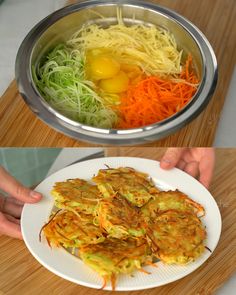 there are two pictures of different foods on the same plate, one is fried and the other has vegetables in it