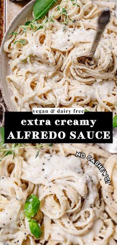 an image of creamy alfredo sauce in a skillet with the title text above it