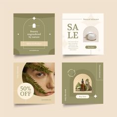 three square flyers with green leaves and cosmetics items on the front, one is for sale