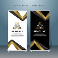 a roll up banner is shown with gold and black stripes on the front, and back