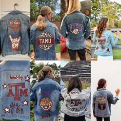 Painted Denim Jacket Sports, College Jean Jacket Diy, Sports Jean Jacket Diy, Gameday Jean Jacket, College Denim Jacket, Senior Denim Jacket, Painted Jean Jacket School Spirit