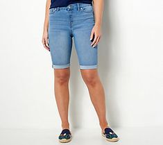 Bermuda shorts are a summer staple. And these Bermuda shorts -- with an easy stretch fabrication and stylish rolled cuffs -- fit every suns-out scenario.  The BBQ: wear them while enjoying a grilled burger and cool drink. Enhance this fab short with an Americana-themed tee and slide sandals, and get your yard-game on!  The beach vacation: pull them on before you bike into town for an omelet and fresh-squeezed juice. Just add sneakers and a zip-up jacket (in case there's a chill from that ocean b Yard Game, Semi Casual, Easy Stretches, Bermuda Short, Comfy Dresses, Casual Dinner, Omelet, Summer Staples, Women's Shorts