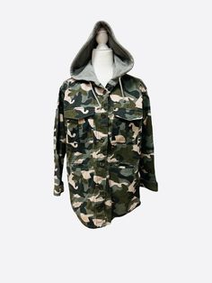 H&M Divided Canvas Camo Print Hooded Jacket Button Front Square Pockets Size 8. Great used condition. No visible flaws, stains or defects. Please see pics for full product condition. Gray sweatshirt hood Button Front Side pockets 2 bust pockets 100% cotton Measurements Chest 21” Length 29” V-55