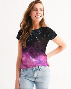 Women's Star Shirt, NASA T Shirt, Nebula Print NASA Shirt, Astronomy Gifts for Women, Space Shirt, Galaxy Shirt, Science Shirt for Her. Using the pure beauty of our universe, shaped in the colors of galaxies and star clusters, we made this all-over printed product to express our love for the cosmos. You can taste these feelings by wearing this shirt. Or by simply buy it as a gift for a loved one who was made from star stuff too. :) A timeless look and a closet go-to, you can't go wrong in this Women's Tee. Made from soft, breathable fabric with a slim fit for an everyday look to dress up or down. * Soft, breathable fabric. * V-neckline or normal tee. * Short sleeves. Our products made especially for those who love science and believe in it. We believe in spreading the culture of science by Nasa T Shirt, Astronomy Gifts, Rave Shirts, Galaxy Shirt, Nasa Shirt, Babe T Shirt, Science Shirts, Space Shirts, Music Festival Outfits