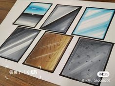 a bunch of different types of windows on a wooden table with chinese characters in the background