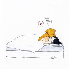 a drawing of a person laying in bed with a teddy bear sleeping on the pillow