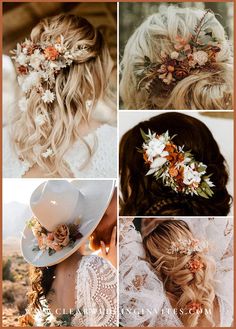 wedding hair with flowers and feathers on it, including the bride's headpiece