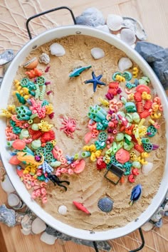 a white bowl filled with sand covered in sea life