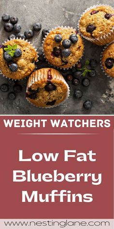 Graphic for Pinterest of Weight Watchers Low Fat Blueberry Muffins Recipe. Low Fat Blueberry Muffins, Low Fat Muffins, Egg Free Muffins, Fiber Muffin, Snack Quick, Fiber Cereal, Blueberry Muffins Recipe, Healthy Blueberry Muffins, Filled Muffins