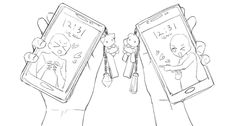 two hands holding up cell phones with faces drawn on them