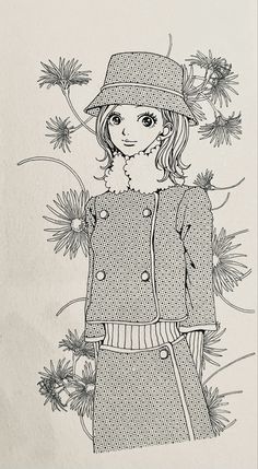 a black and white drawing of a girl wearing a hat with flowers in the background