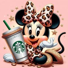 a minnie mouse holding a starbucks cup with her paw on it's head and wearing a leopard print bow