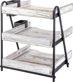 the three tiered shelf is made from wood and black metal, with two shelves on each side