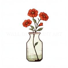 three red flowers in a glass vase with water and leaves on the bottom, against a white background