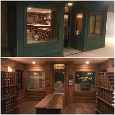 there are two pictures of the inside of a wine shop