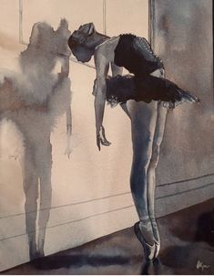 a watercolor painting of a ballerina leaning against a wall