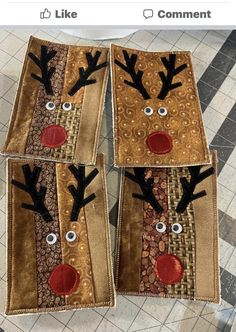 three pieces of fabric with reindeer faces on them