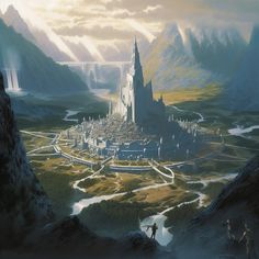 an artist's rendering of a fantasy castle in the middle of a mountain range