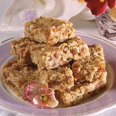 a plate with granola bars on it and the words, discovering more above it