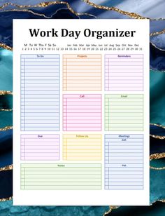 the work day organizer is shown on a blue and gold background