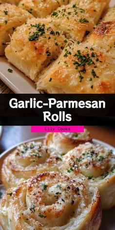 garlic - parmesan rolls on a white plate with text overlay