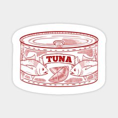 a red and white drawing of tuna in a can