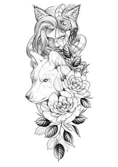 a wolf and roses tattoo design on a white background