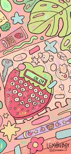 a drawing of a pink typewriter with lots of stickers on it's cover