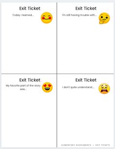 four squares with different emoticions on them and the words exit ticket, exit ticket, i'm still having trouble with