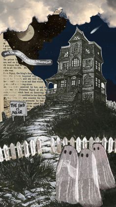 two ghost figures standing in front of a creepy house with the word halloween written on it