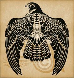 a black and white drawing of a bird with wings spread out, on a beige background