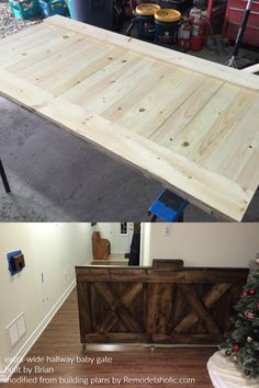 two pictures side by side showing the top and bottom part of a table with wood planks