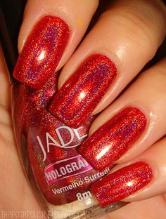 Red And Gold Nails, Nail Shimmer, Holographic Nail Polish, Red Jade, Red Nail Polish, Classic Nails, Indie Nail Polish, Hot Nails, Holographic Nails