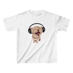 Cute Cat With Headphones White Baby Tee - printwithSKY – printwithsky Y2k Crew Neck T-shirt With Cat Print, Y2k Style Short Sleeve T-shirt With Cat Print, Relaxed Fit Cat Design Tops For Streetwear, Relaxed Fit Tops With Cat Design For Streetwear, Cat Design Short Sleeve T-shirt For Streetwear, Trendy Streetwear T-shirt With Cat Design, Trendy Cat Design T-shirt For Streetwear, Y2k Cat Print Crew Neck T-shirt, Y2k Style Cat Print Crew Neck T-shirt