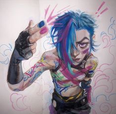 a drawing of a man with blue hair and tattoos on his arm, holding a cell phone