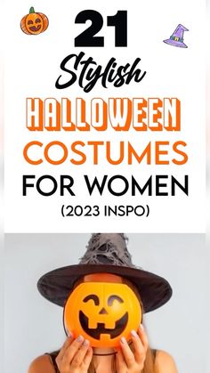 a woman wearing a witch hat and holding a jack - o'- lantern for halloween