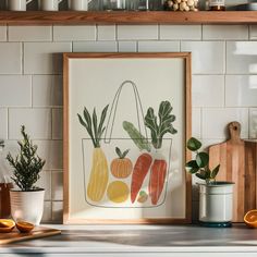 a kitchen shelf filled with fruits and vegetables on top of a white tiled wall next to a potted plant